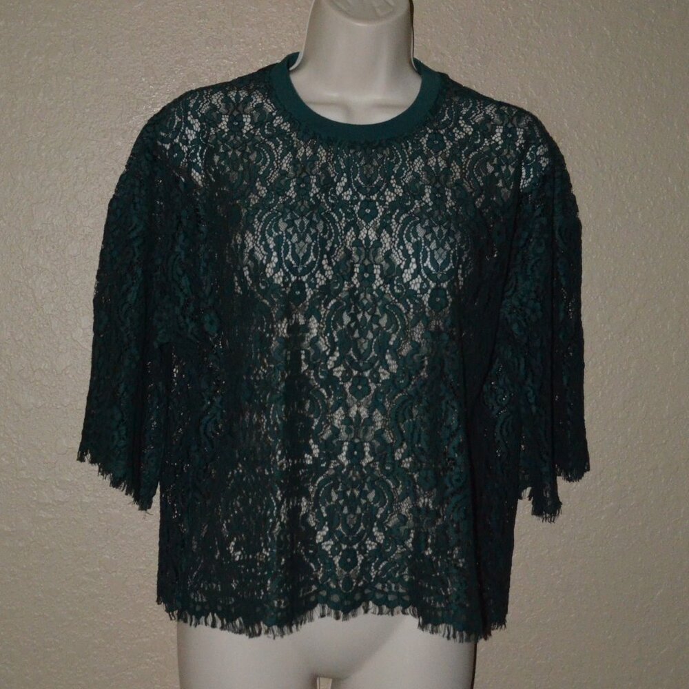 $345 Sz S Jonathan Simkhai Black Lace Short Sleeve Cropped Blouse Top